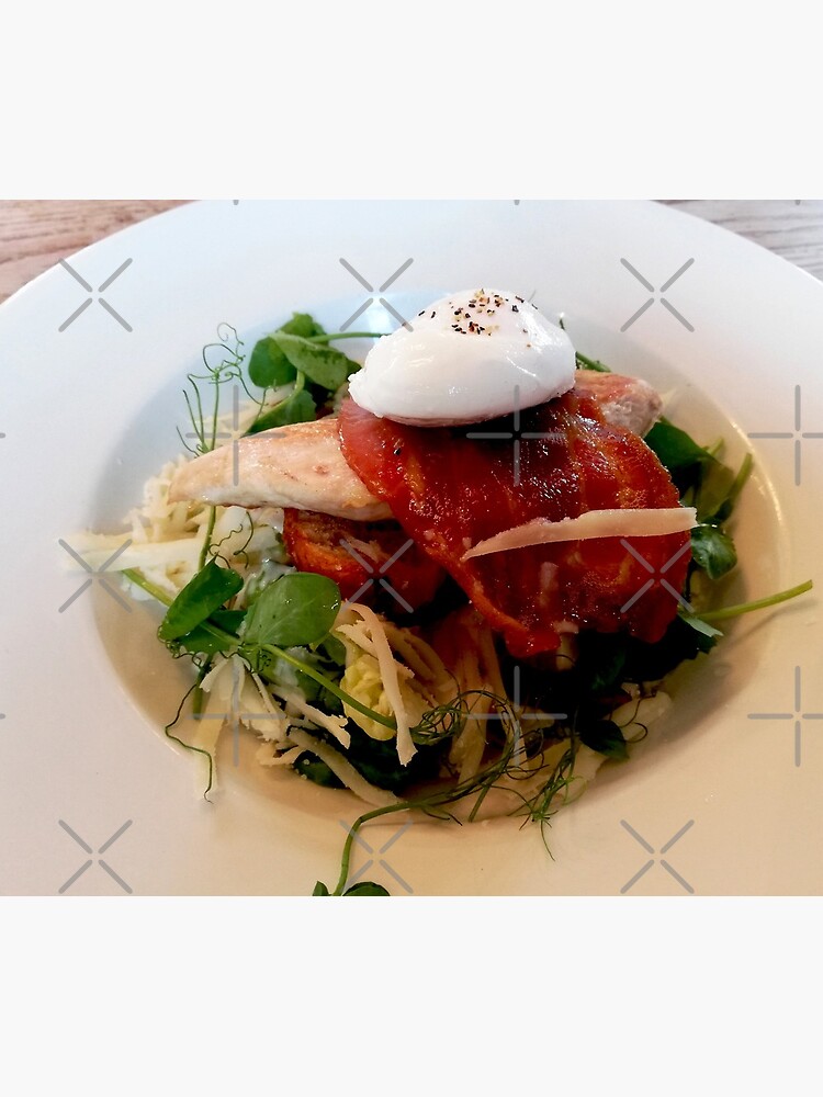 White plate with healthy food, chicken breast, arugula, bacon, cabbage, watercress, egg on top by CWartDesign