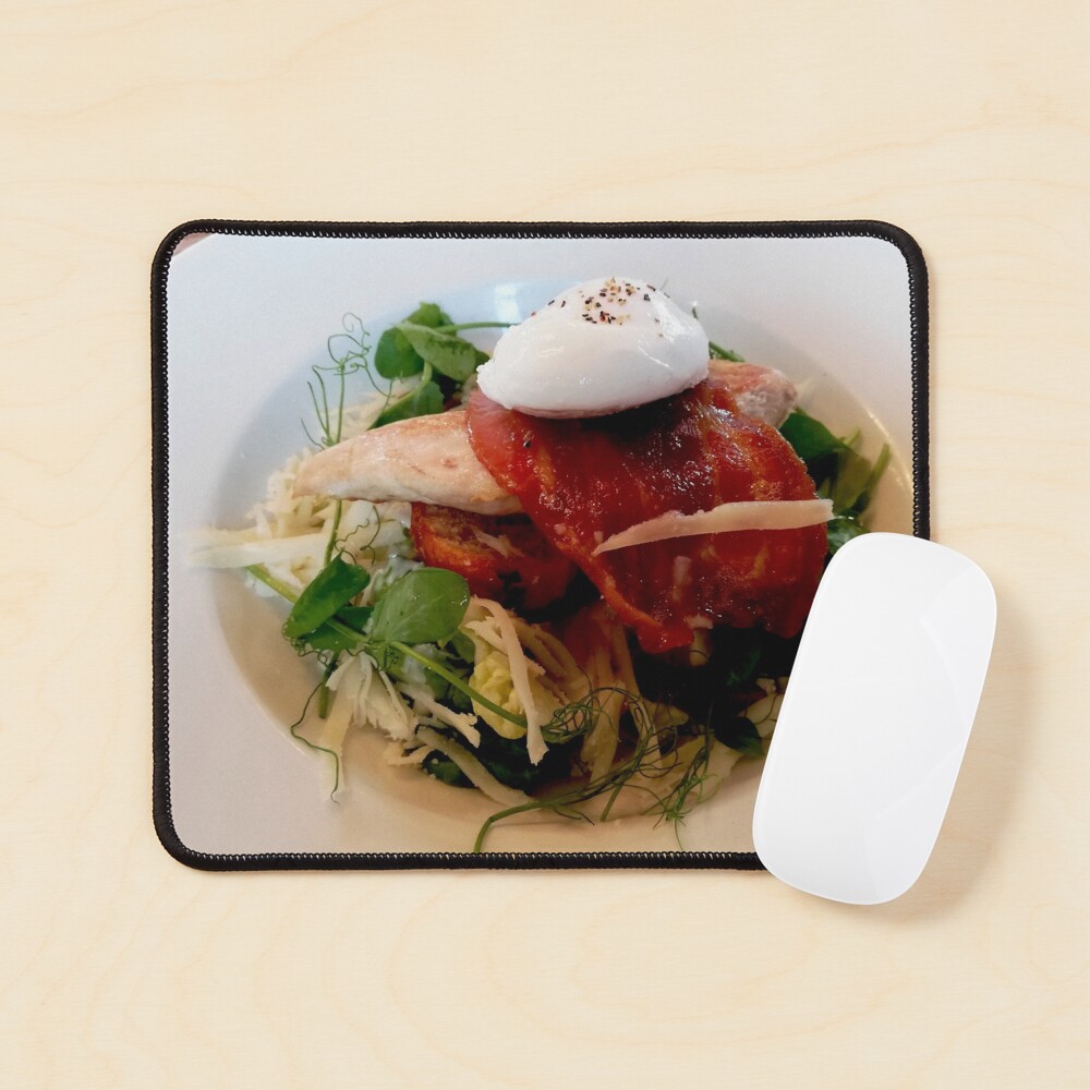 White plate with healthy food, chicken breast, arugula, bacon, cabbage, watercress, egg on top Mouse Pad