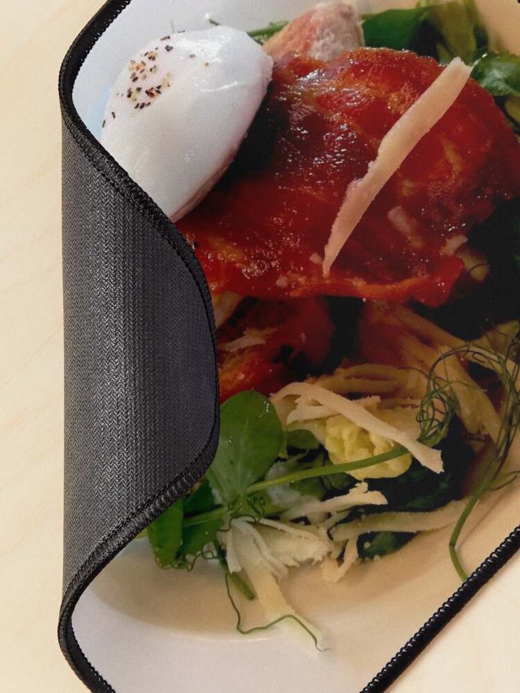 Alternate view of White plate with healthy food, chicken breast, arugula, bacon, cabbage, watercress, egg on top Mouse Pad