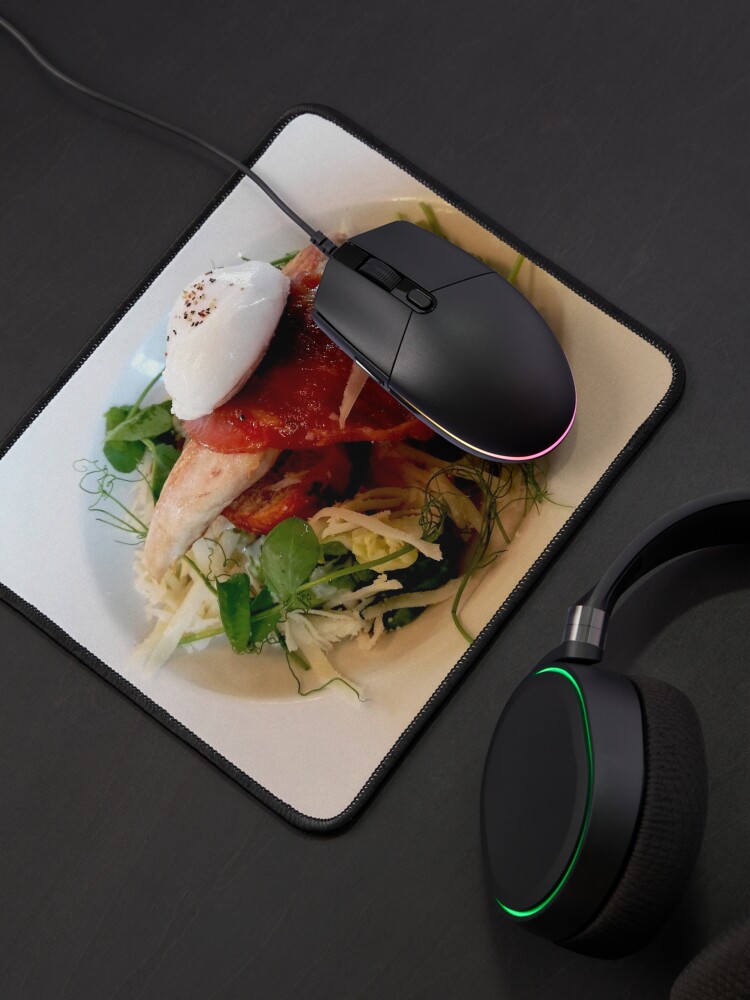 Alternate view of White plate with healthy food, chicken breast, arugula, bacon, cabbage, watercress, egg on top Mouse Pad