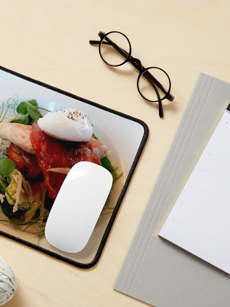 Alternate view of White plate with healthy food, chicken breast, arugula, bacon, cabbage, watercress, egg on top Mouse Pad