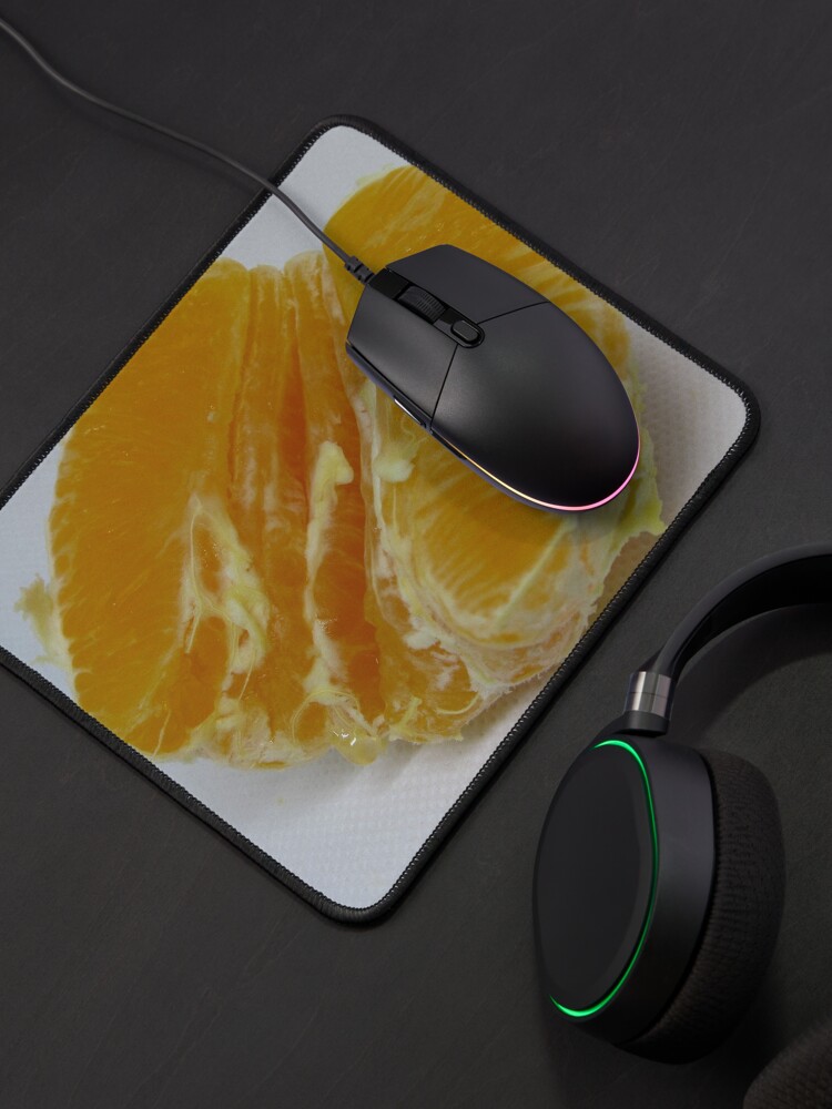 Alternate view of Half of orange fruit with juice drop dripping white paper Mouse Pad