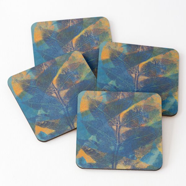 Item preview, Botanical monoprint of real leaves in beautiful blues and orange, Series of two designed and sold by AliSullivanArt.