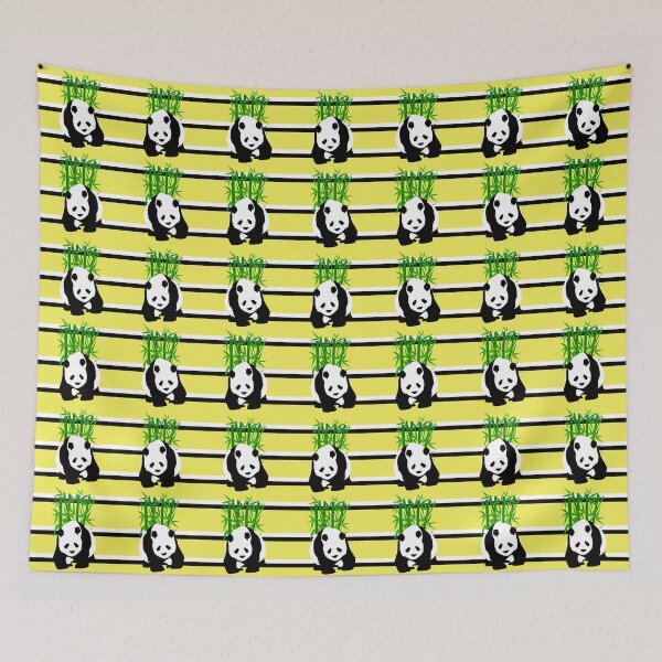 Item preview, panda and bamboo leaves on black and white stripes designed and sold by leeniyaa.