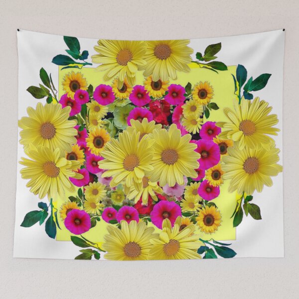 Item preview, YELLOW DAISY PURPLE PETUNIAS SPRING FLORAL WHITE PATTERN designed and sold by sharlesart.