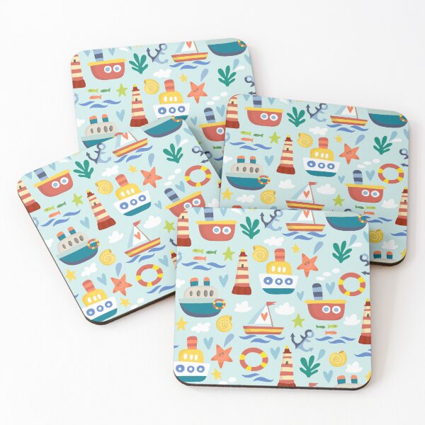 Item preview, Boats and Lighthouses on an ocean blue background. designed and sold by PeppermintCreek.
