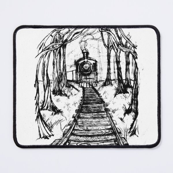 Item preview, Wooden Railway , Pencil illustration railroad train tracks in woods, Black & White drawing Landscape Nature Surreal Scene designed and sold by Amanda Irene.