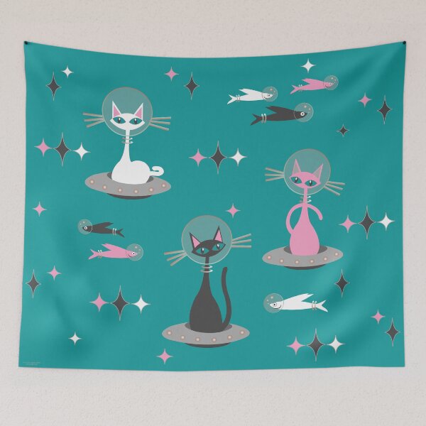 Item preview, Retro Cats in Space Turquoise designed and sold by 7SistersGraphX.