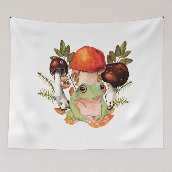 Item preview, Watercolor Frog Mushrooms Leaves in Autumn designed and sold by Rhu Creations.
