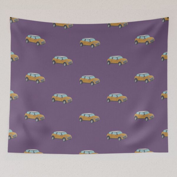 Item preview, yellow hand drawn cartoon mini cooper (purple background)  designed and sold by -Lily-Anne-.