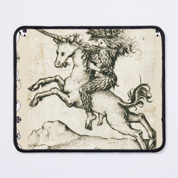 Item preview, WILDMAN RIDING UNICORN,HIS BODY COVERED WITH LEAVES Black White Etching designed and sold by BulganLumini.