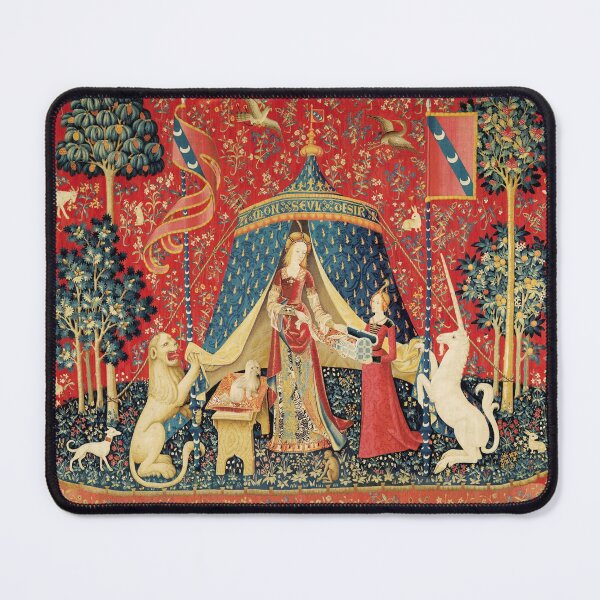 LADY AND UNICORN DESIRE ,Lion,Fantasy Flowers,Animals,Red Green Floral Mouse Pad