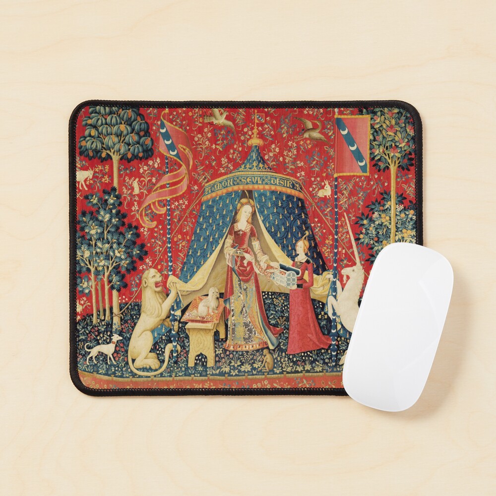LADY AND UNICORN DESIRE ,Lion,Fantasy Flowers,Animals,Red Green Floral Mouse Pad