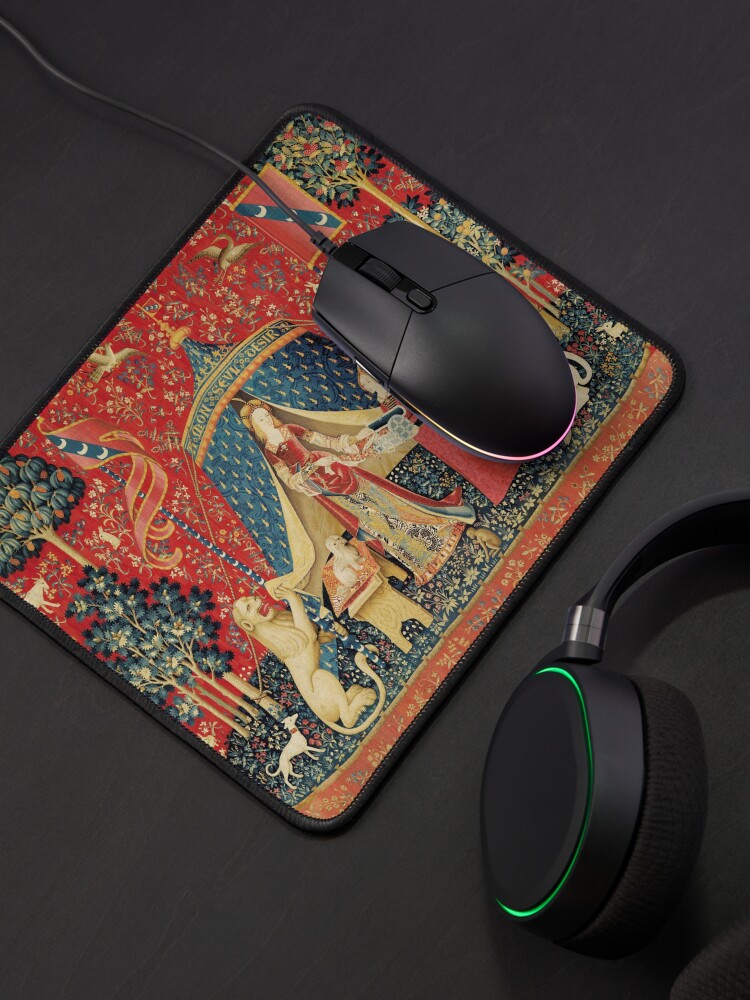 Alternate view of LADY AND UNICORN DESIRE ,Lion,Fantasy Flowers,Animals,Red Green Floral Mouse Pad