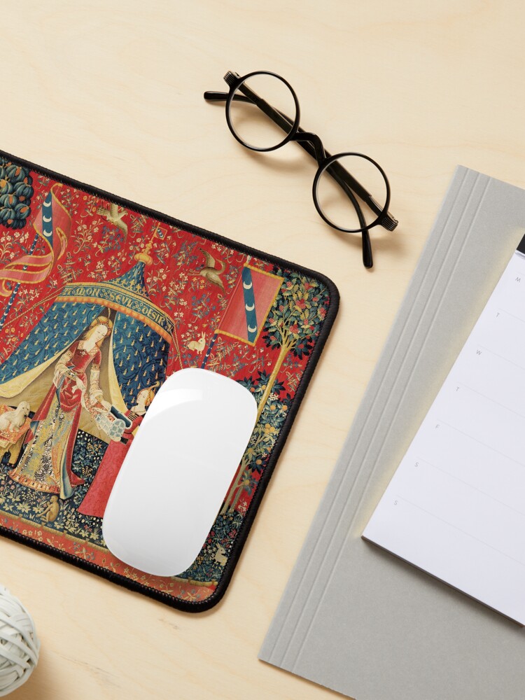 Alternate view of LADY AND UNICORN DESIRE ,Lion,Fantasy Flowers,Animals,Red Green Floral Mouse Pad