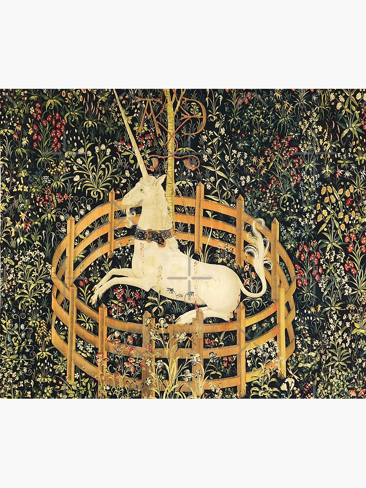 UNICORN IN CAPTIVITY AND GOTHIC FANTASY FLOWERS GREEN FLORAL