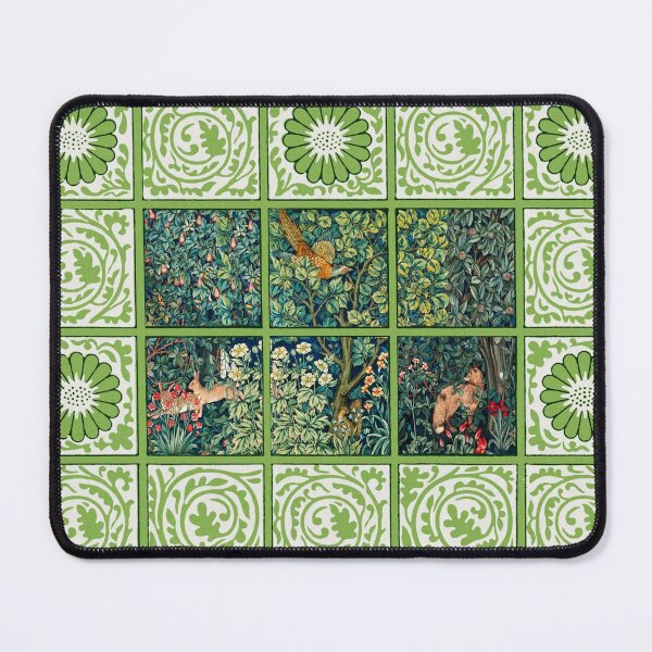 Aperçu de l'œuvre VERDURE, ANIMAUX DE LA FORÊT Renard, Faisan sur Arbre, Écureuil, Lièvres, Carrés Floral Vert Blanc créée et vendue par BulganLumini.