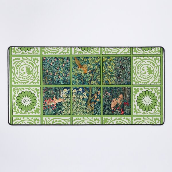 Aperçu de l'œuvre VERDURE, ANIMAUX DE LA FORÊT Renard, Faisan sur Arbre, Écureuil, Lièvres, Carrés Floral Vert Blanc créée et vendue par BulganLumini.