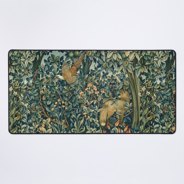 GREENERY, FOREST ANIMALS Pheasant and Fox Blue Green Floral Tapestry Desk Mat