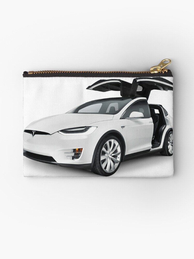 White 2017 Tesla Model X Luxury Suv Electric Car With Open Falcon Wing Doors Art Photo Print Zipper Pouch By Artnudephotos