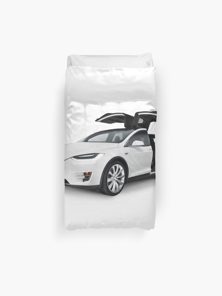 White 2017 Tesla Model X Luxury Suv Electric Car With Open Falcon Wing Doors Art Photo Print Duvet Cover