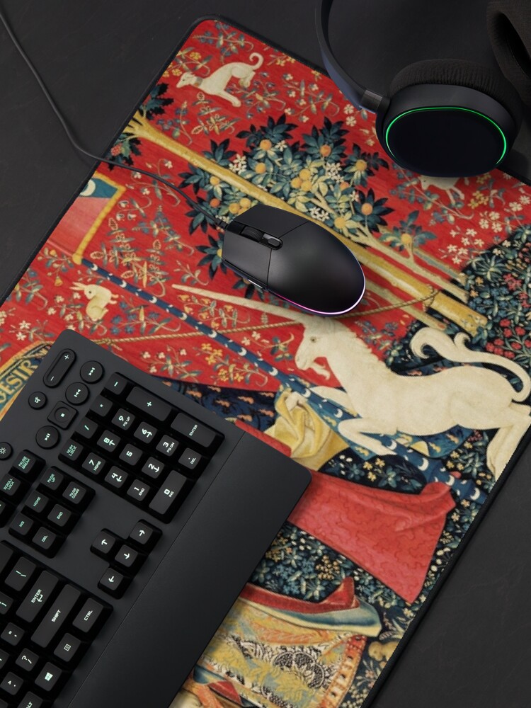 Alternate view of LADY AND UNICORN DESIRE ,Lion,Fantasy Flowers,Animals,Red Green Floral Mouse Pad