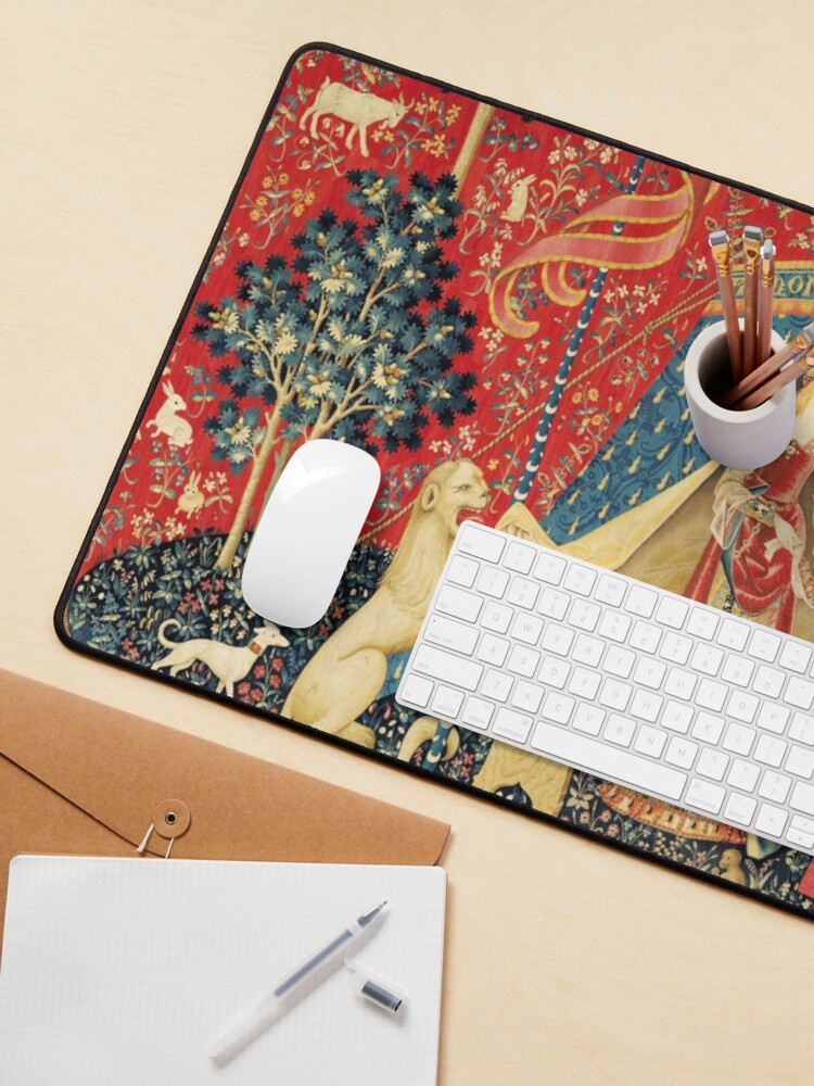 Alternate view of LADY AND UNICORN DESIRE ,Lion,Fantasy Flowers,Animals,Red Green Floral Mouse Pad