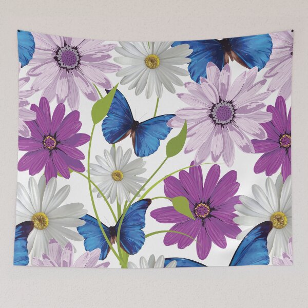 Item preview, White and purple daisy flowers and butterflies pattern - Flourish purple spring flowering daises designed and sold by Alice-Elgawi.
