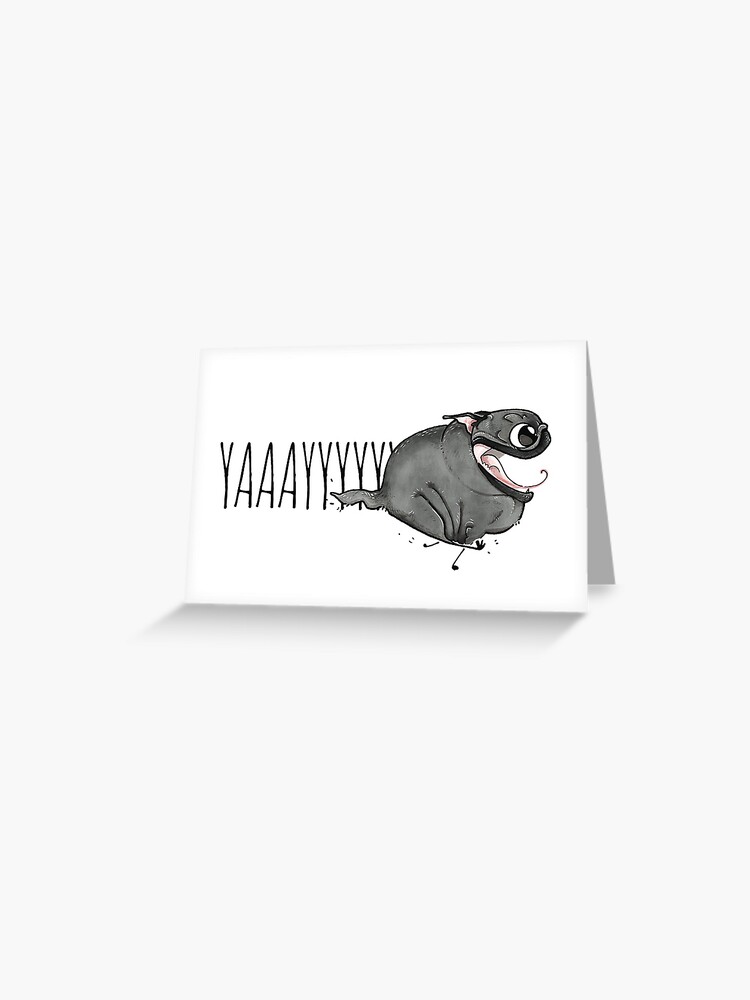 Thumbnail 1 of 2, Greeting Card, YAY - black pug zoomies card designed and sold by inkpug.