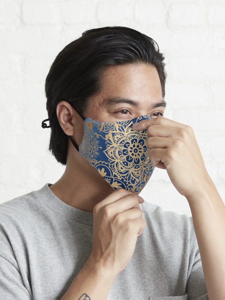 Alternate view of Blue and Gold Mandala Pattern Mask