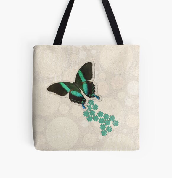 Soaring Green Butterfly and Flowers All Over Print Tote Bag