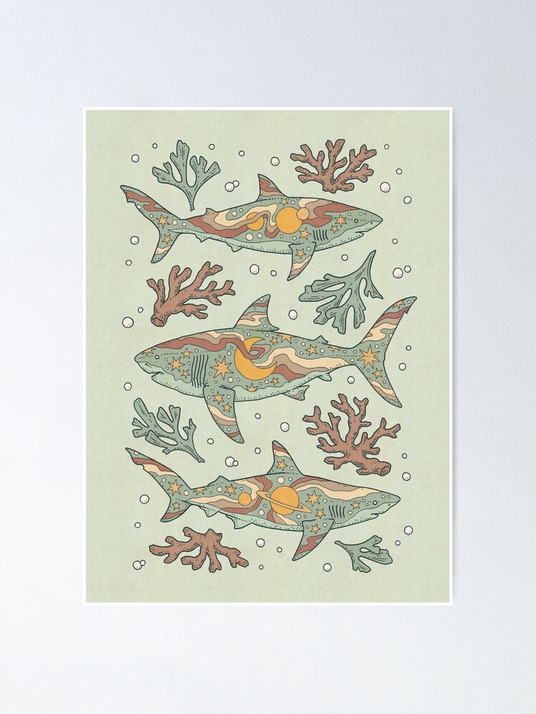 Thumbnail 1 of 3, Poster, Midnight Swim | Ocean Shark Art | Dusty Sunset Palette designed and sold by OMEGAFAUNA.