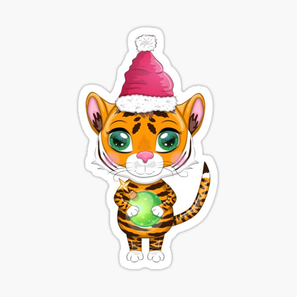 Cute cartoon tiger with beautiful eyes, bright, orange with a Christmas ball in a Santa hat. Illustrations for Chinese New Year 2022, Year of the Tiger. Lunar new year 2022. Sticker
