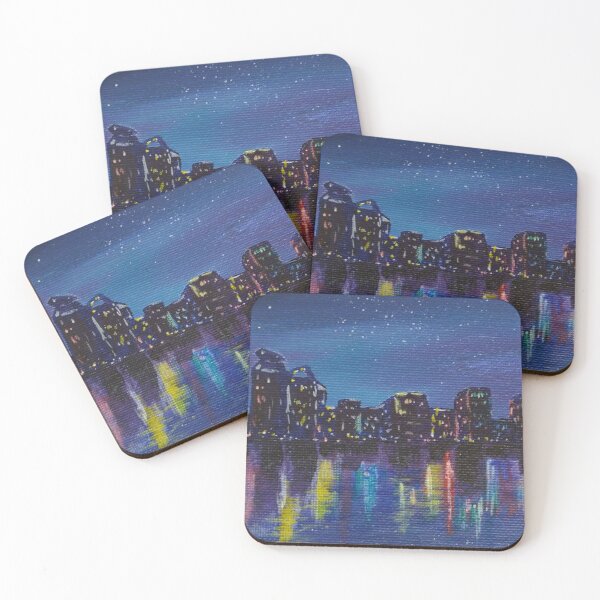 Item preview, Colourful Cityscape at night reflecting on water acrylic painting designed and sold by Goldstarwork.