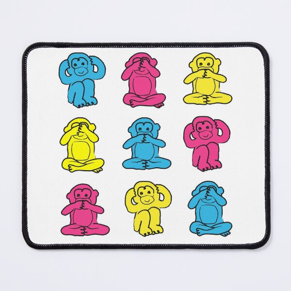 Item preview, Illustration of Three Wise Monkeys in pink, blue and yellow on white background designed and sold by marufemia.