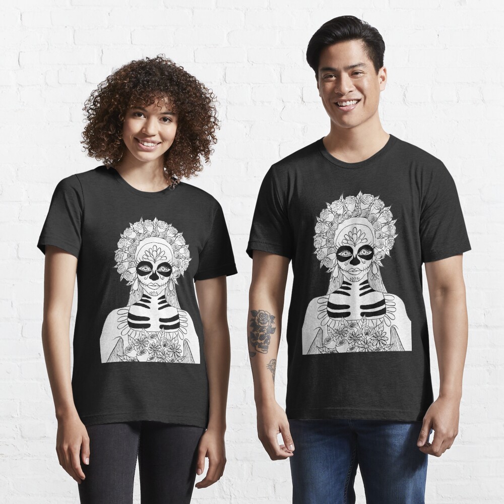 La Catrina Mexican T-Shirt Sugar Skull Full Print Graphic Tee Dia