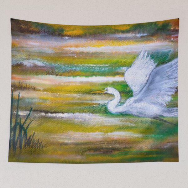 Item preview, Snow egret flying over march  designed and sold by Red Witch Art.