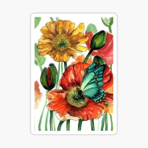 Iceland Poppies with Blue Butterfly Sticker