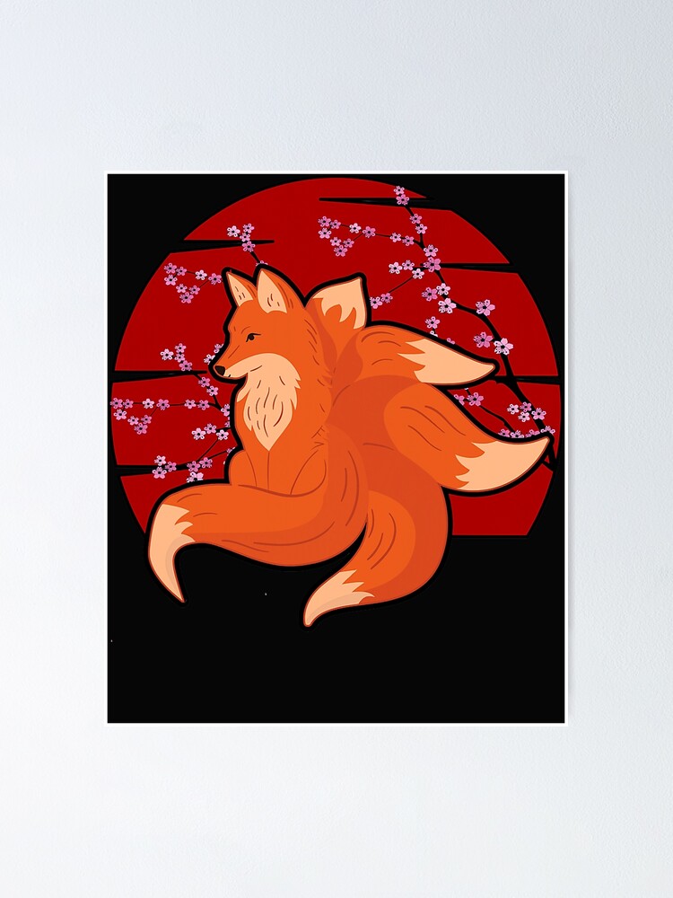 "Kitsune Fox with Many Tails Cherry Blossom Japanese" Poster for Sale
