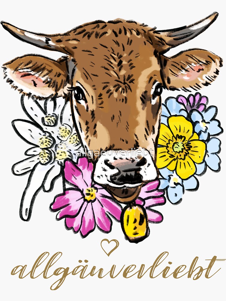 Thumbnail 3 von 3, Sticker, Junge Kuh / Schumpen mit Blumen designt und verkauft von allgaeuverliebt.