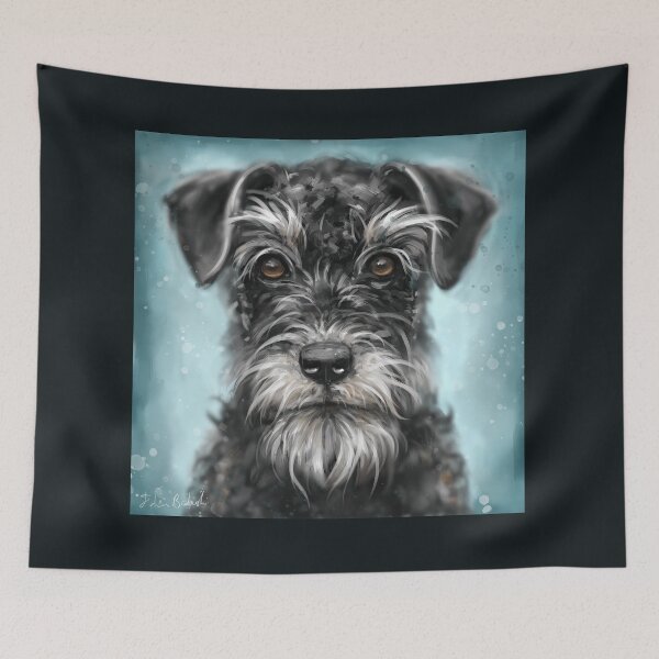 Item preview, Painting of a Black and White Schnauzer on Blue Background designed and sold by ibadishi.