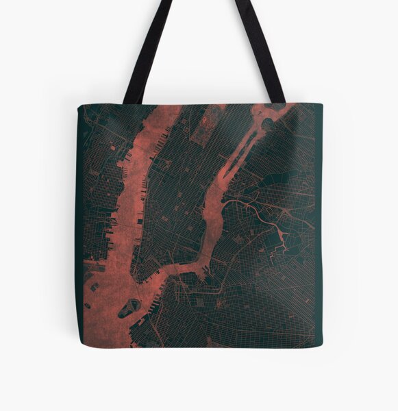New York Map Red All Over Print Tote Bag