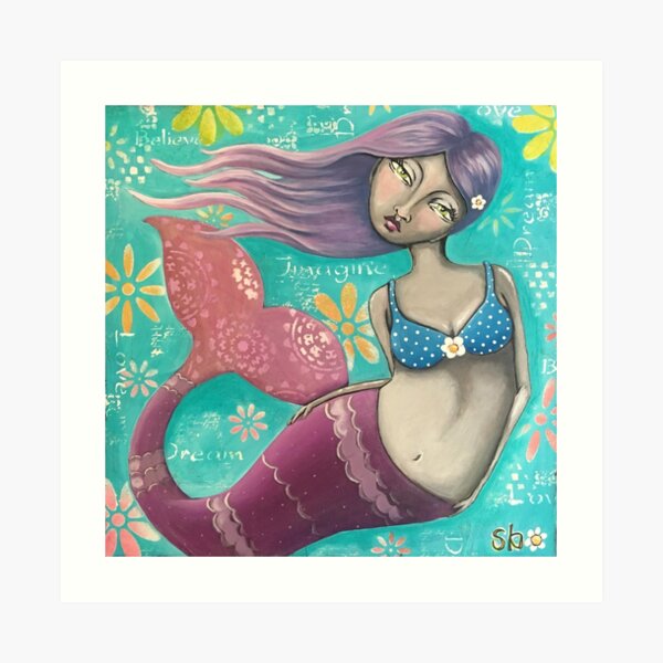 Whimsical Purple Mermaid Girl on Teal - Teen Room Decor Art Print