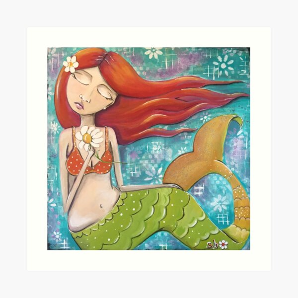 Whimsical Mermaid Girl with Red Hair on Teal - Girls Room Decor Art Print