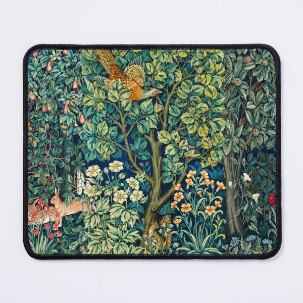 Vista previa del artículo con la obra «VERDURA, ANIMALES DEL BOSQUE Faisán en un árbol, ardilla, liebres, tapiz floral azul verdoso», diseñado y vendido por BulganLumini.