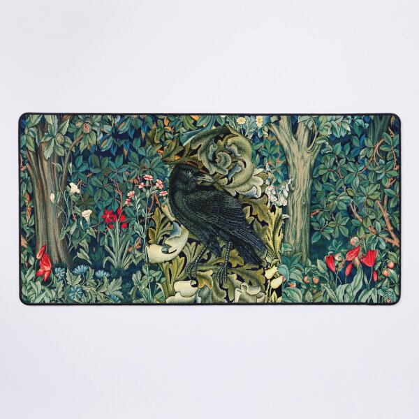 GREENERY, FOREST ANIMALS ,RAVEN ON ACANTHUS LEAVES Blue Green Floral  Desk Mat