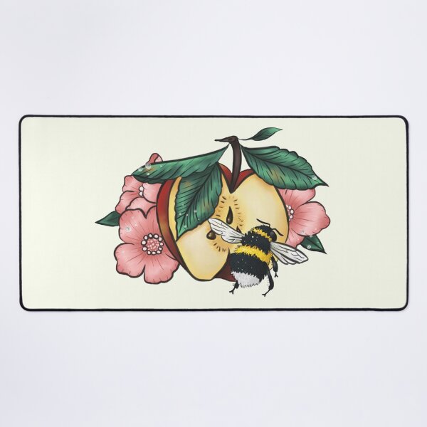 Dew speckled apple blossoms attract bumblebee Desk Mat