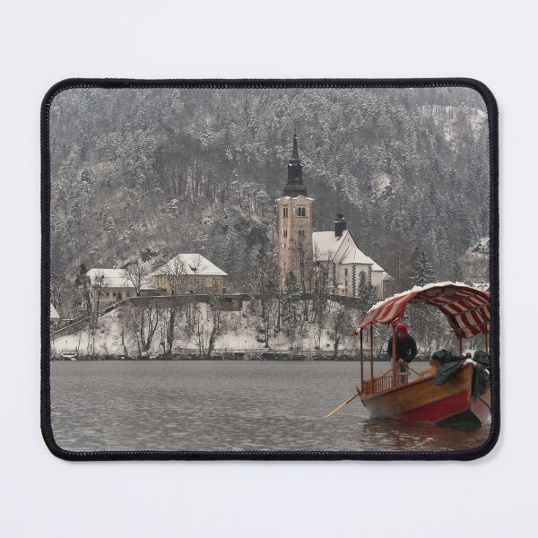 Item preview, Red Pletna Boat Leaving Bled Island designed and sold by rawshutterbug.