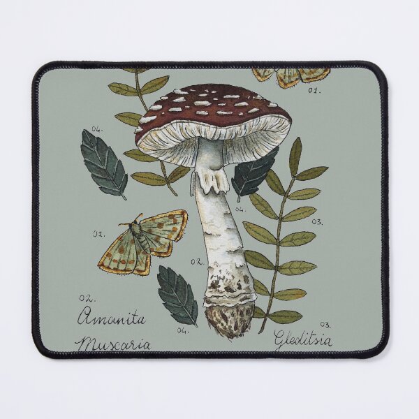 Aperçu de l'œuvre Amanita Muscaria avec papillons et feuilles illustration botanique créée et vendue par Wieskunde.