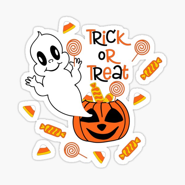 Little ghost with pumpkin candy, Trick or treat Sticker
